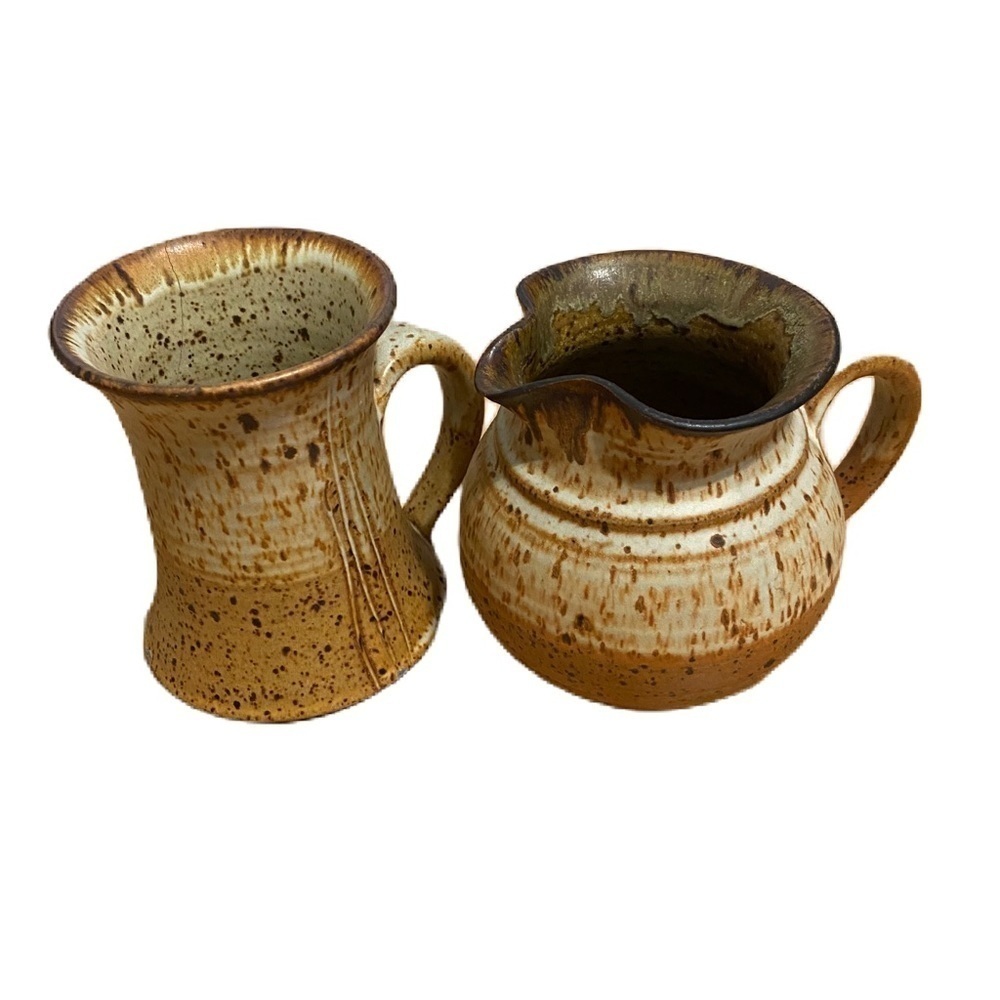 Rustic Pottery Ceramic Pitcher and Jug Set Signed Tan Boho Decor